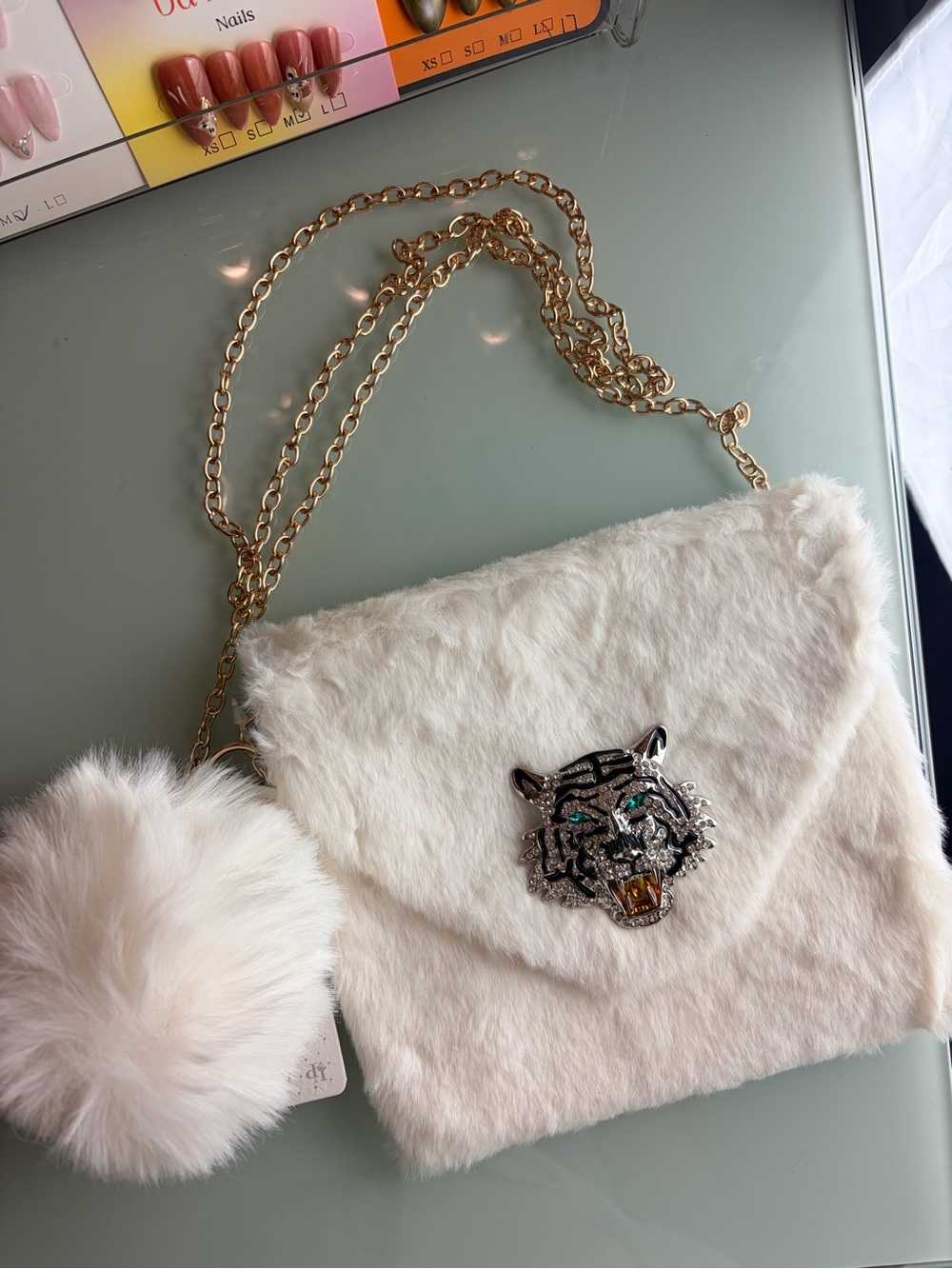 White Faux Fur Crossbody Bag with Tiger Brooch and Pom Pom